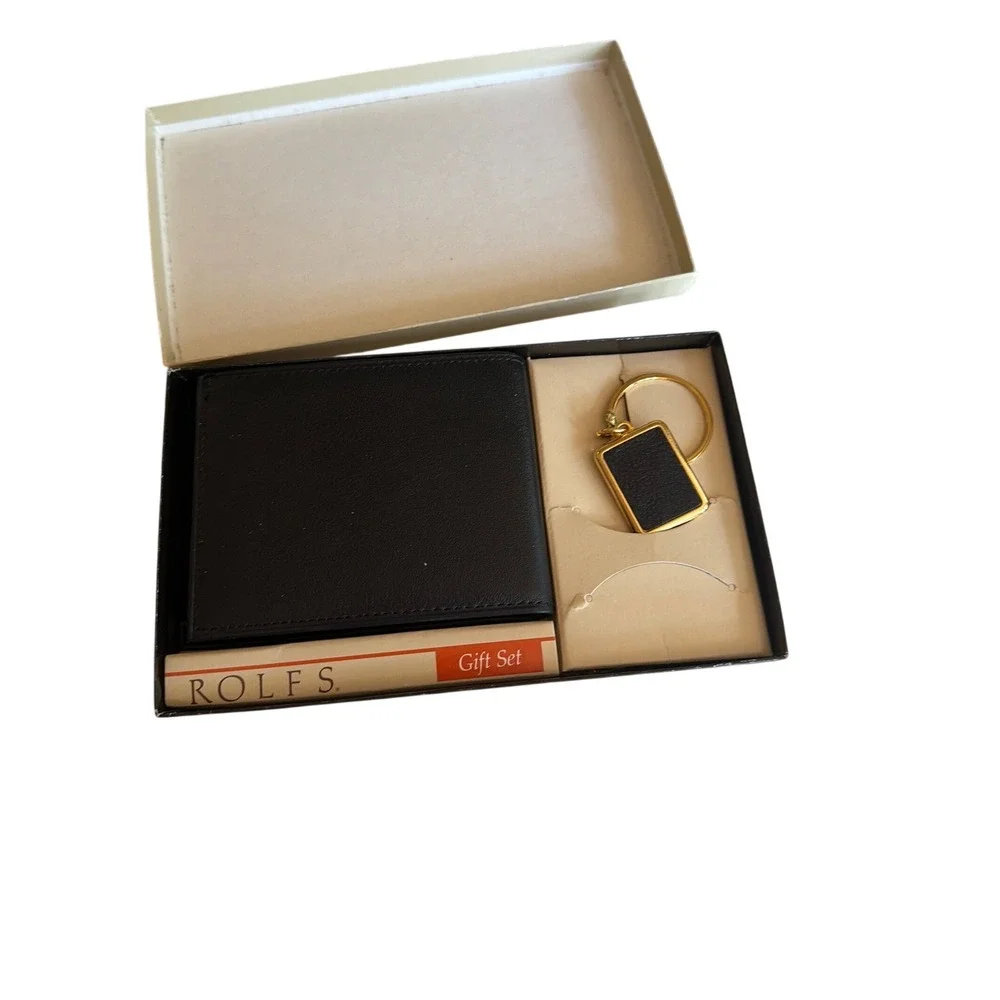 Rolfs Wallet Keychain Gift Set Black Leather Vintage Bifold Gold Tone Hardware